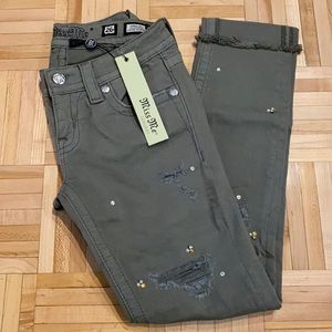Miss Me jeans, Signature Cuffed Skinny, Size 26, Olive Green with Rhinestones